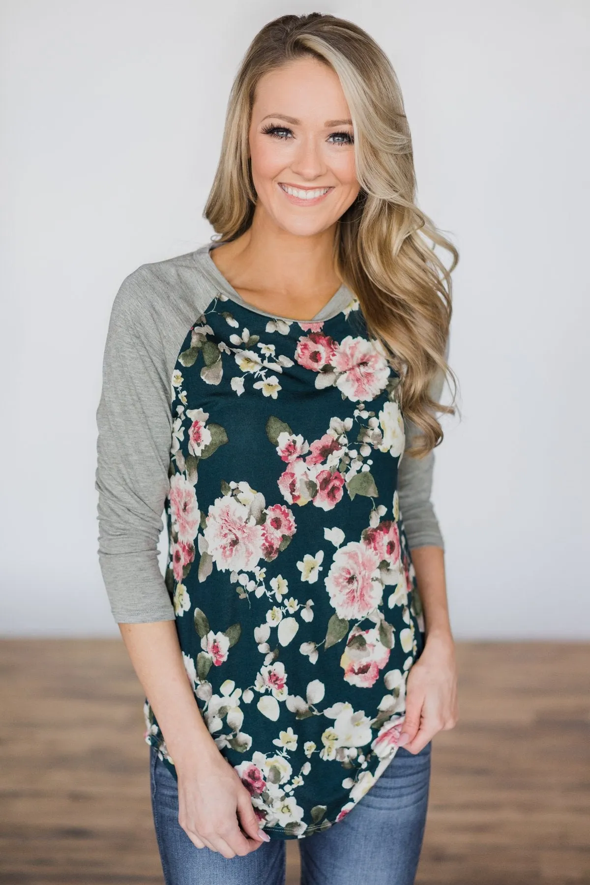 My Favorite Floral Baseball Top- Deep Teal