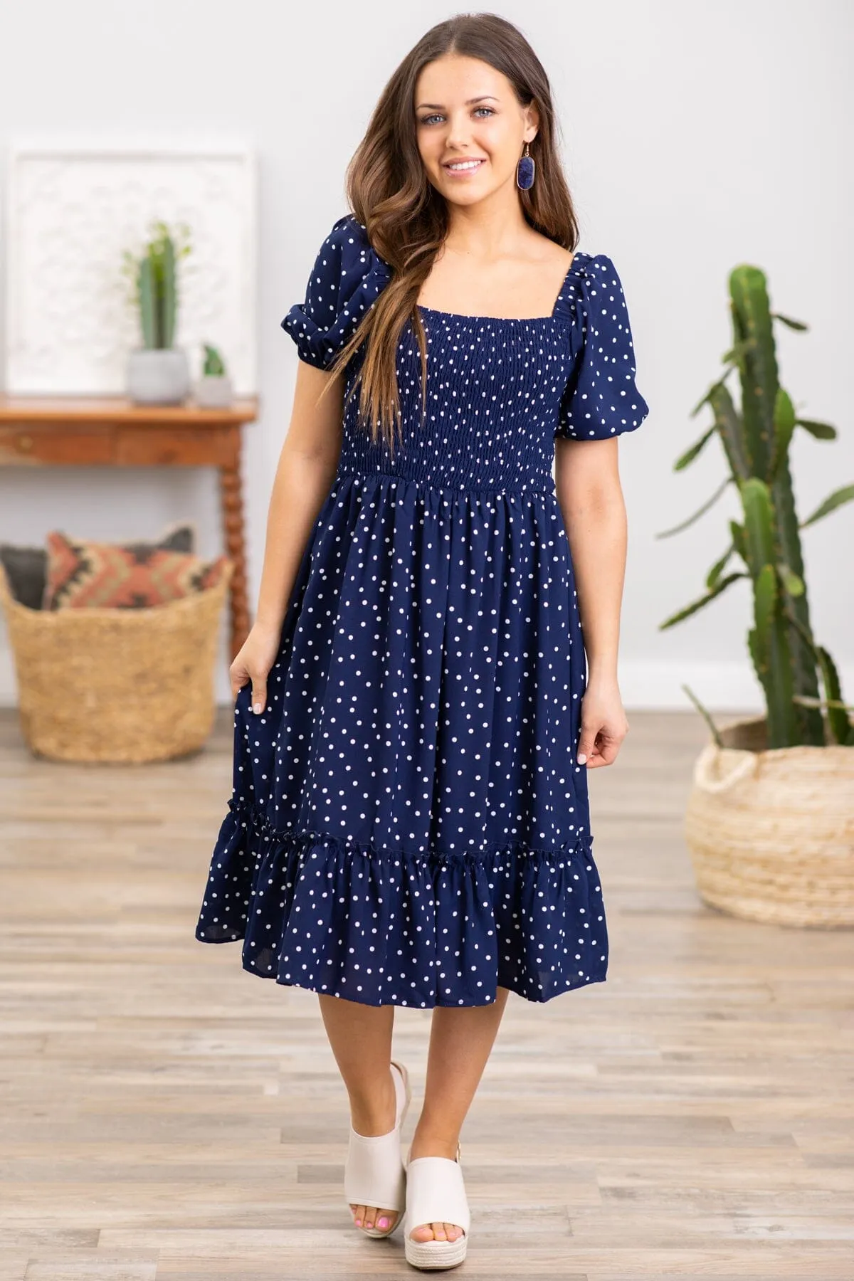 Navy and White Smocked Bodice Polka Dot Dress