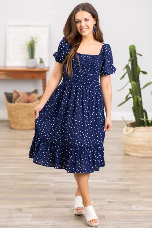 Navy and White Smocked Bodice Polka Dot Dress