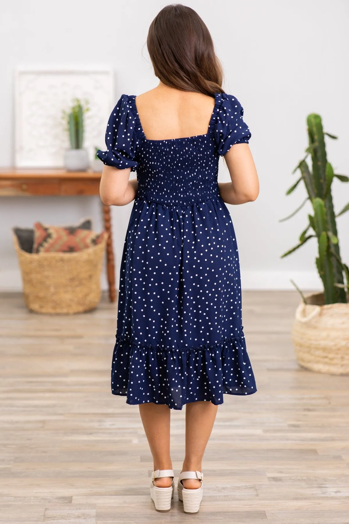 Navy and White Smocked Bodice Polka Dot Dress
