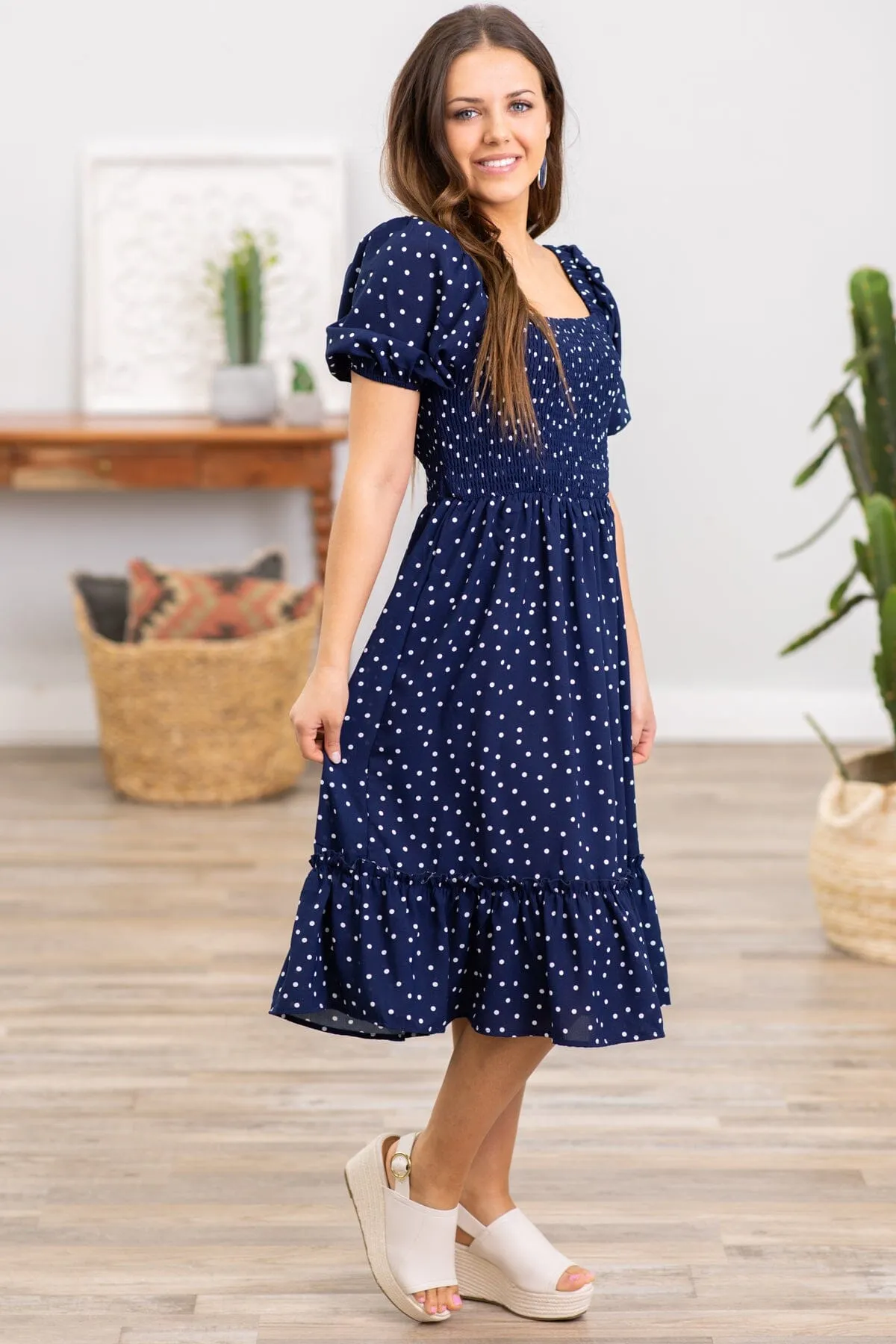 Navy and White Smocked Bodice Polka Dot Dress