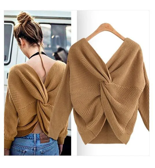 New V-neck Halter Sweater Back Irregular Cross Knotted Knitwear on Both Sides Wear Women's Clothing