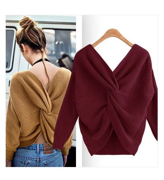 New V-neck Halter Sweater Back Irregular Cross Knotted Knitwear on Both Sides Wear Women's Clothing