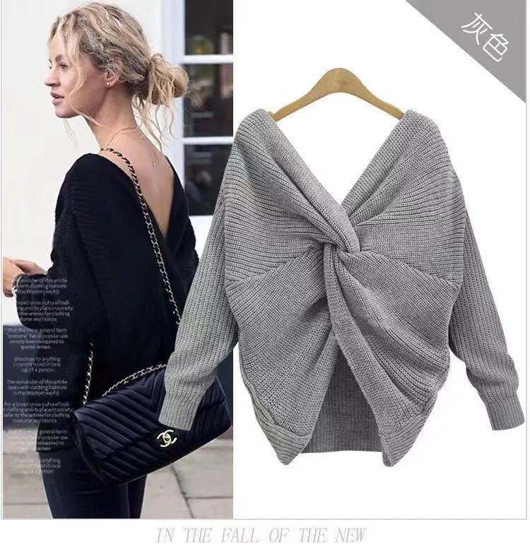 New V-neck Halter Sweater Back Irregular Cross Knotted Knitwear on Both Sides Wear Women's Clothing