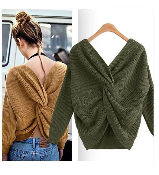 New V-neck Halter Sweater Back Irregular Cross Knotted Knitwear on Both Sides Wear Women's Clothing