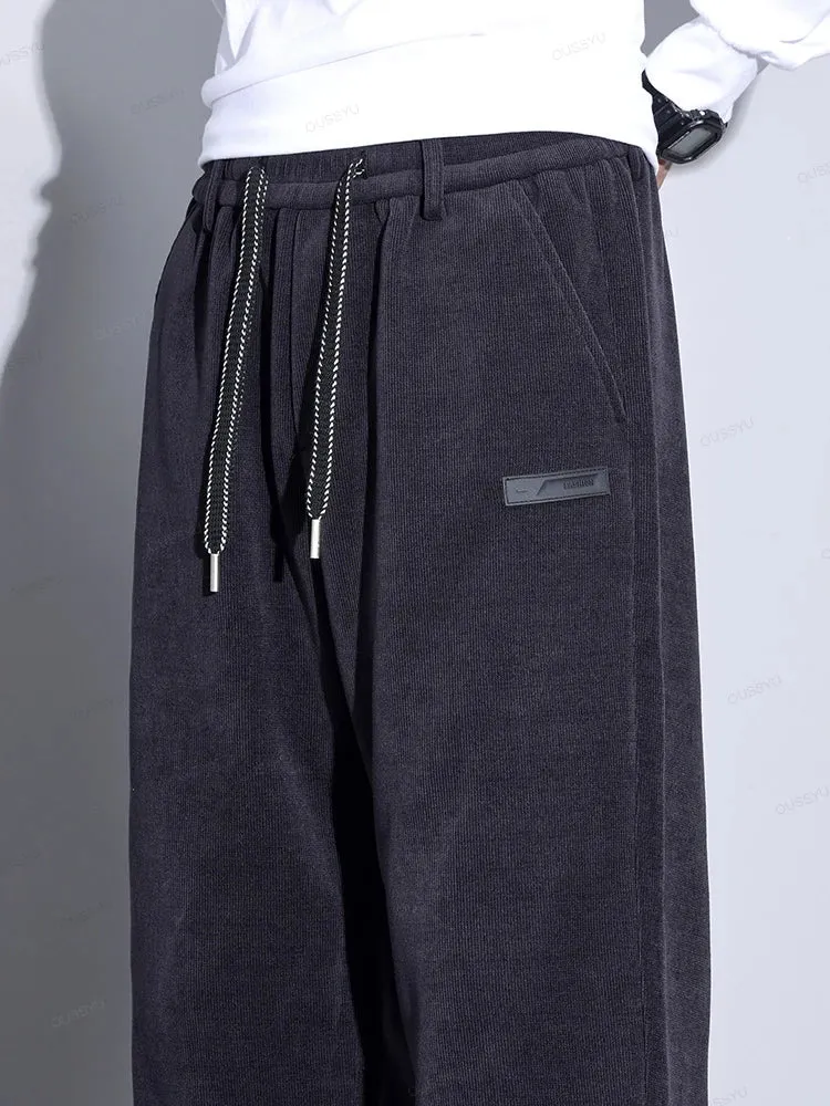 Obsidian Phoenix Autumn Winter Corduroy Pants - Men’s Elastic Waist Business Casual Straight Leg Trousers in Plus Size