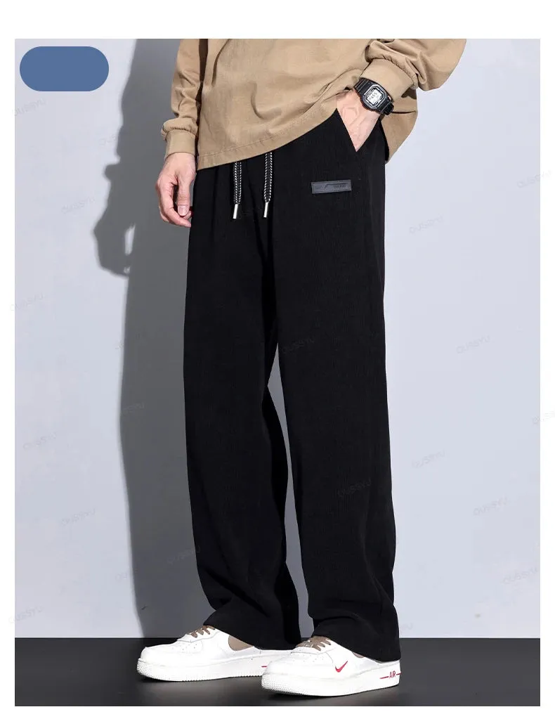 Obsidian Phoenix Autumn Winter Corduroy Pants - Men’s Elastic Waist Business Casual Straight Leg Trousers in Plus Size