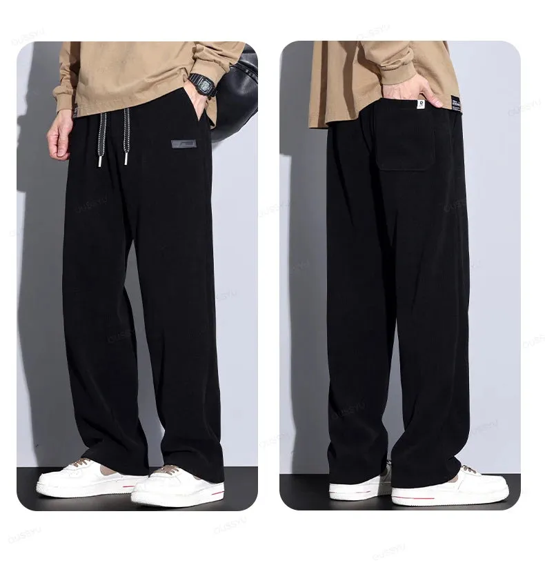 Obsidian Phoenix Autumn Winter Corduroy Pants - Men’s Elastic Waist Business Casual Straight Leg Trousers in Plus Size