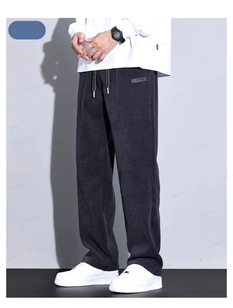 Obsidian Phoenix Autumn Winter Corduroy Pants - Men’s Elastic Waist Business Casual Straight Leg Trousers in Plus Size