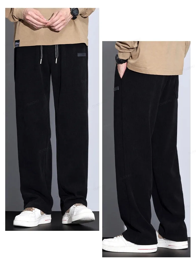 Obsidian Phoenix Autumn Winter Corduroy Pants - Men’s Elastic Waist Business Casual Straight Leg Trousers in Plus Size