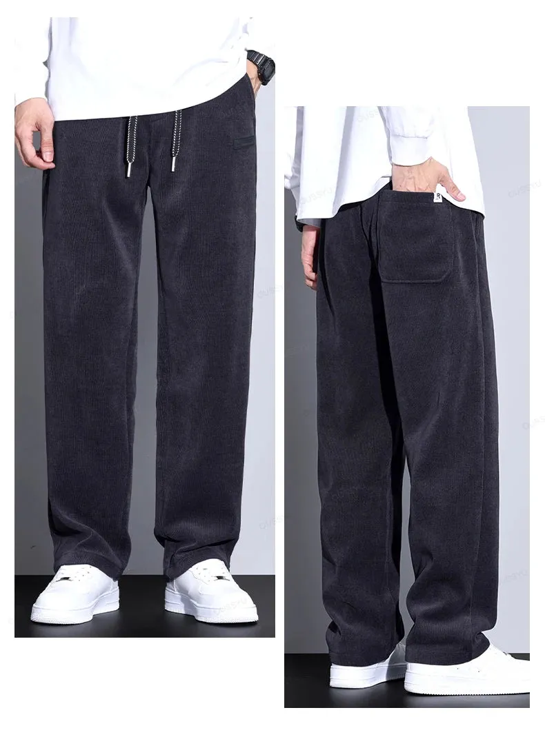 Obsidian Phoenix Autumn Winter Corduroy Pants - Men’s Elastic Waist Business Casual Straight Leg Trousers in Plus Size