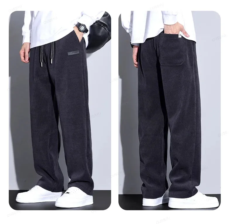 Obsidian Phoenix Autumn Winter Corduroy Pants - Men’s Elastic Waist Business Casual Straight Leg Trousers in Plus Size