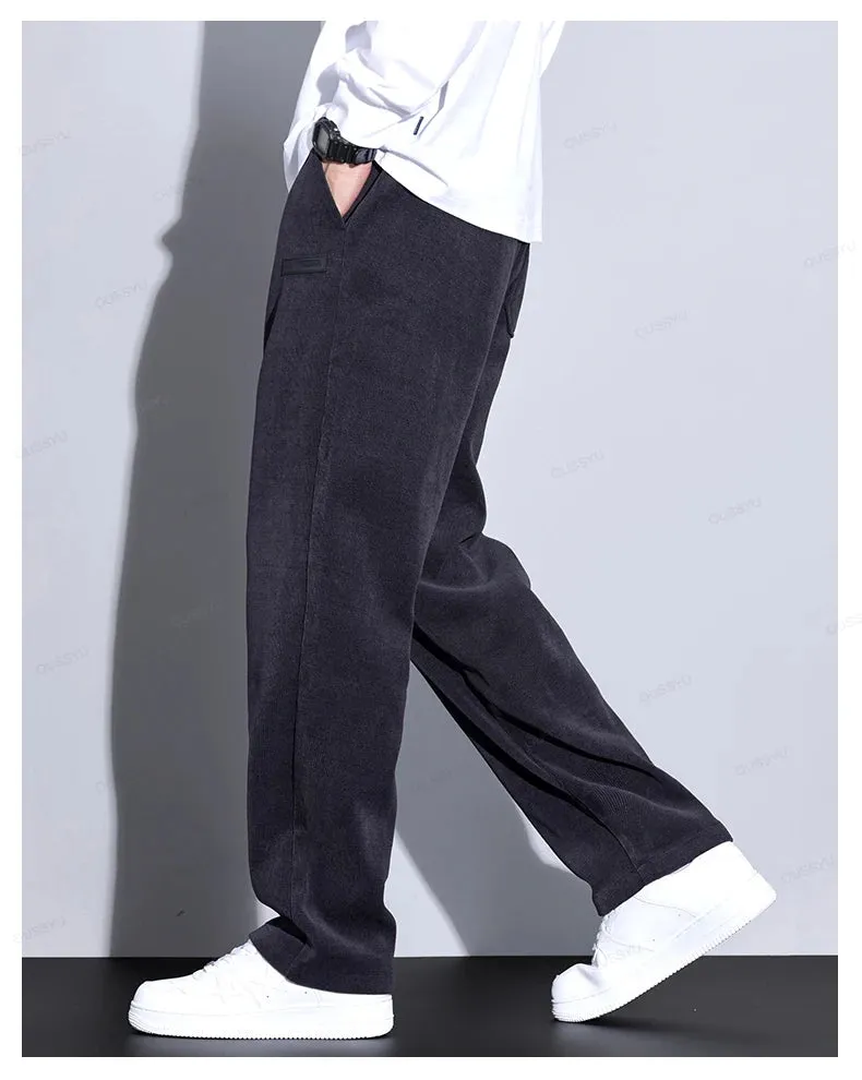 Obsidian Phoenix Autumn Winter Corduroy Pants - Men’s Elastic Waist Business Casual Straight Leg Trousers in Plus Size