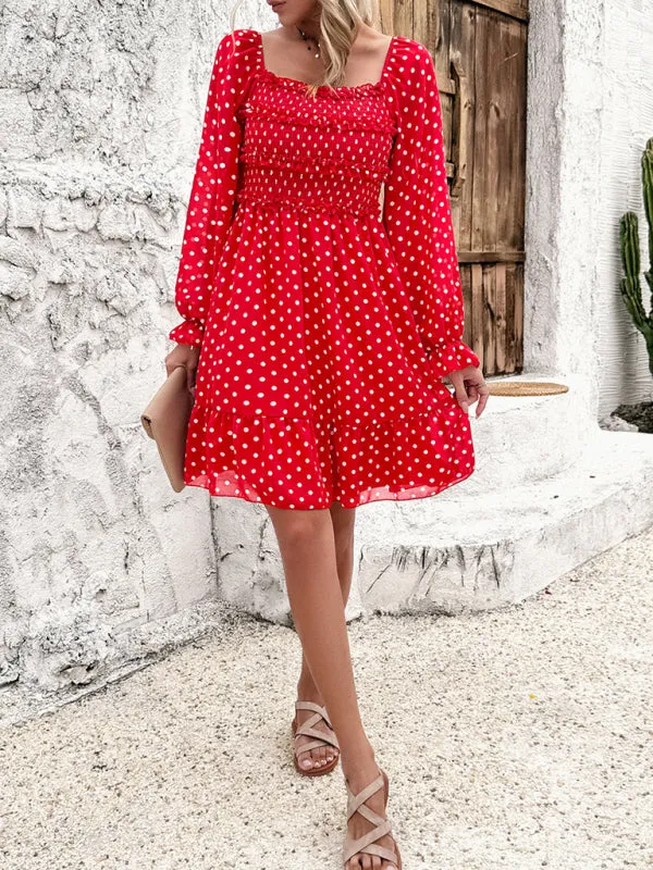 Off-Shoulder Mini Dress with Polka Dots and Smocked Bodice