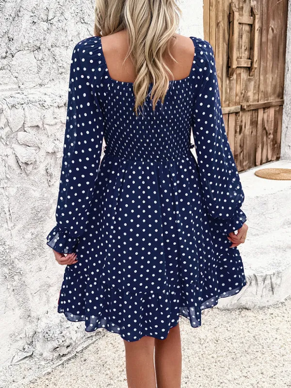 Off-Shoulder Mini Dress with Polka Dots and Smocked Bodice