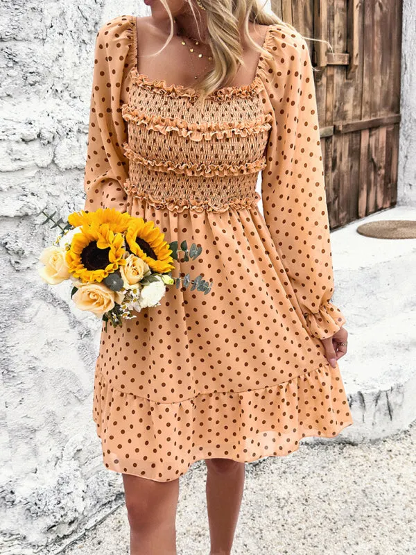 Off-Shoulder Mini Dress with Polka Dots and Smocked Bodice