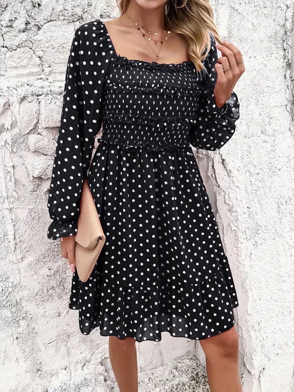 Off-Shoulder Mini Dress with Polka Dots and Smocked Bodice