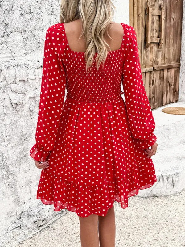 Off-Shoulder Mini Dress with Polka Dots and Smocked Bodice