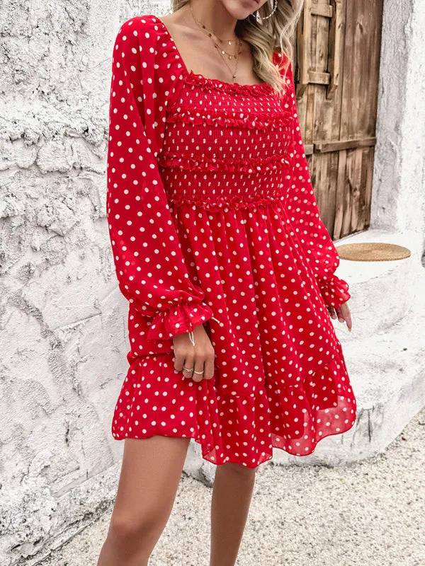 Off-Shoulder Mini Dress with Polka Dots and Smocked Bodice