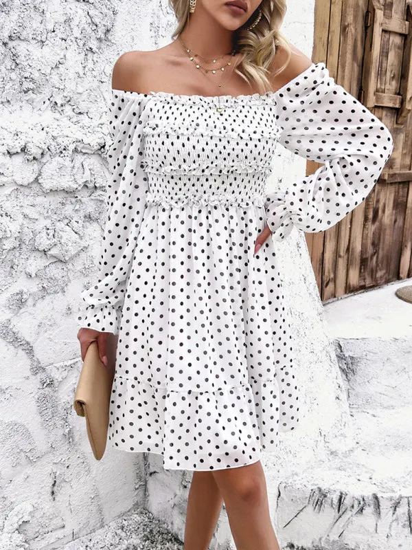 Off-Shoulder Mini Dress with Polka Dots and Smocked Bodice