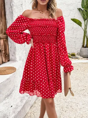 Off-Shoulder Mini Dress with Polka Dots and Smocked Bodice