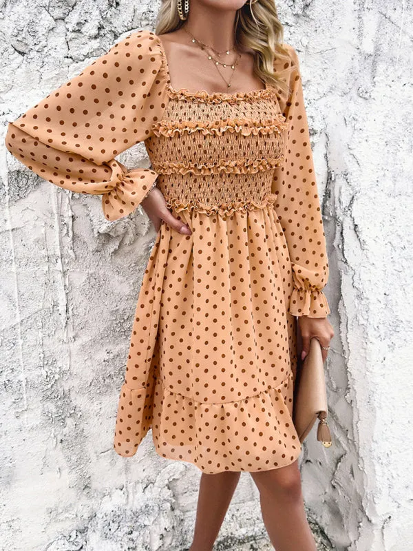 Off-Shoulder Mini Dress with Polka Dots and Smocked Bodice