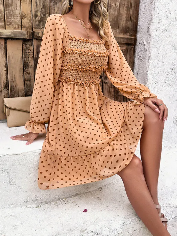 Off-Shoulder Mini Dress with Polka Dots and Smocked Bodice