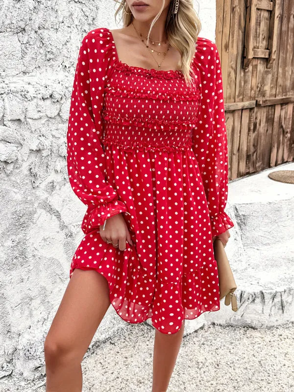 Off-Shoulder Mini Dress with Polka Dots and Smocked Bodice
