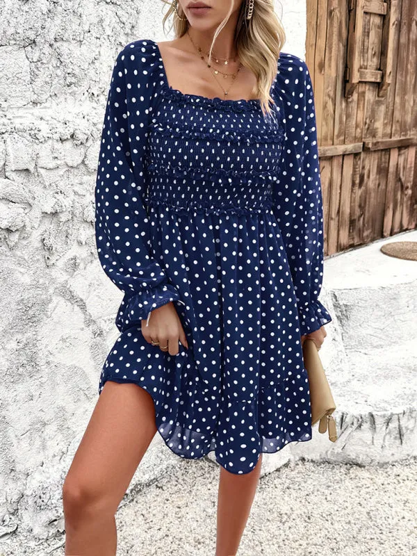 Off-Shoulder Mini Dress with Polka Dots and Smocked Bodice