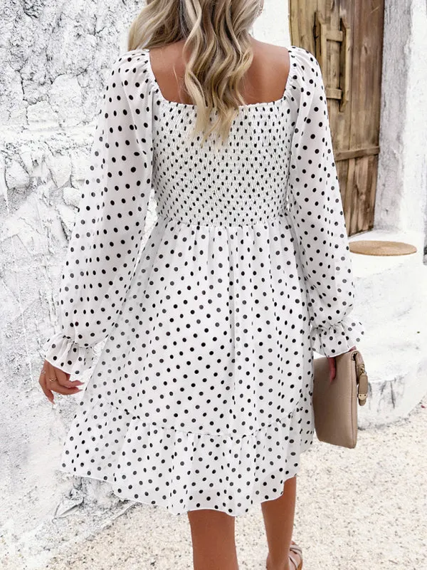 Off-Shoulder Mini Dress with Polka Dots and Smocked Bodice