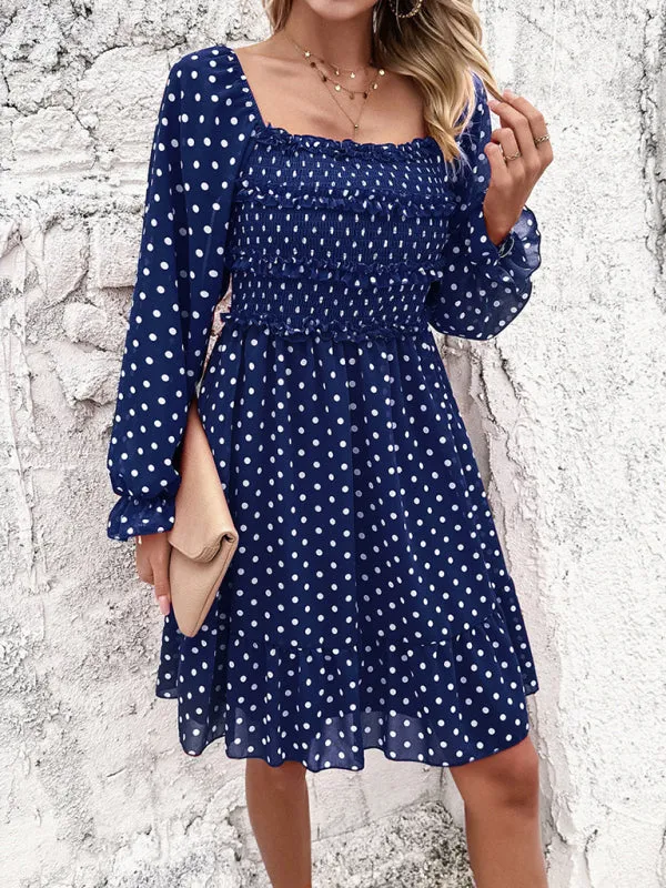 Off-Shoulder Mini Dress with Polka Dots and Smocked Bodice