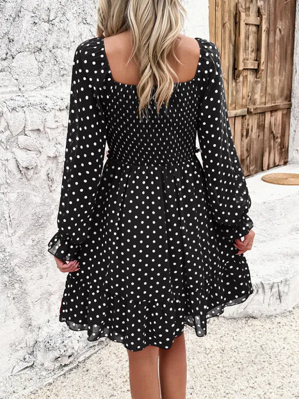 Off-Shoulder Mini Dress with Polka Dots and Smocked Bodice