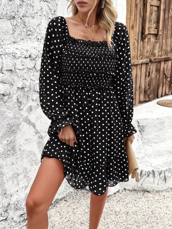 Off-Shoulder Mini Dress with Polka Dots and Smocked Bodice