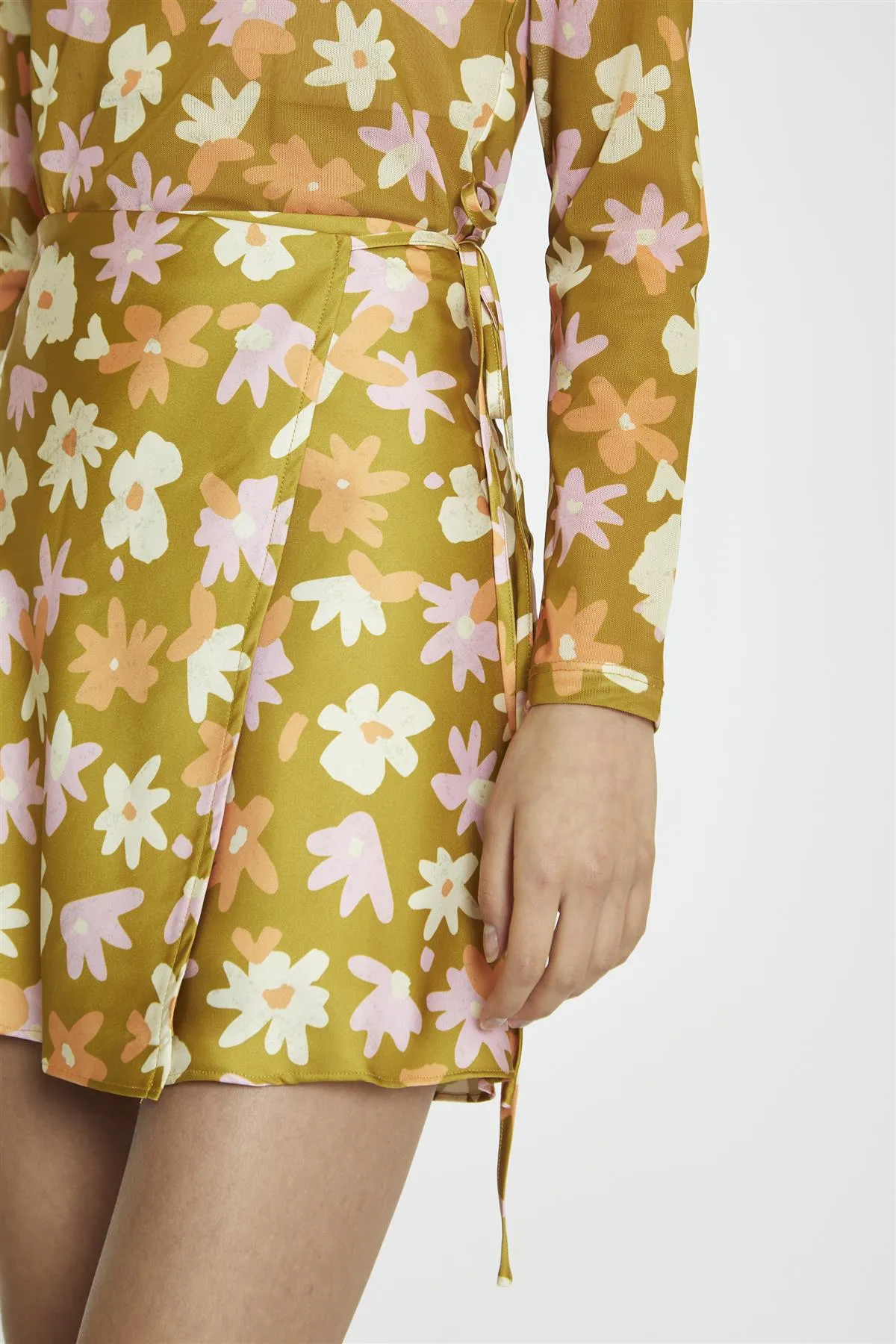 Olive Multi-Flower Wrap Mini-Skirt