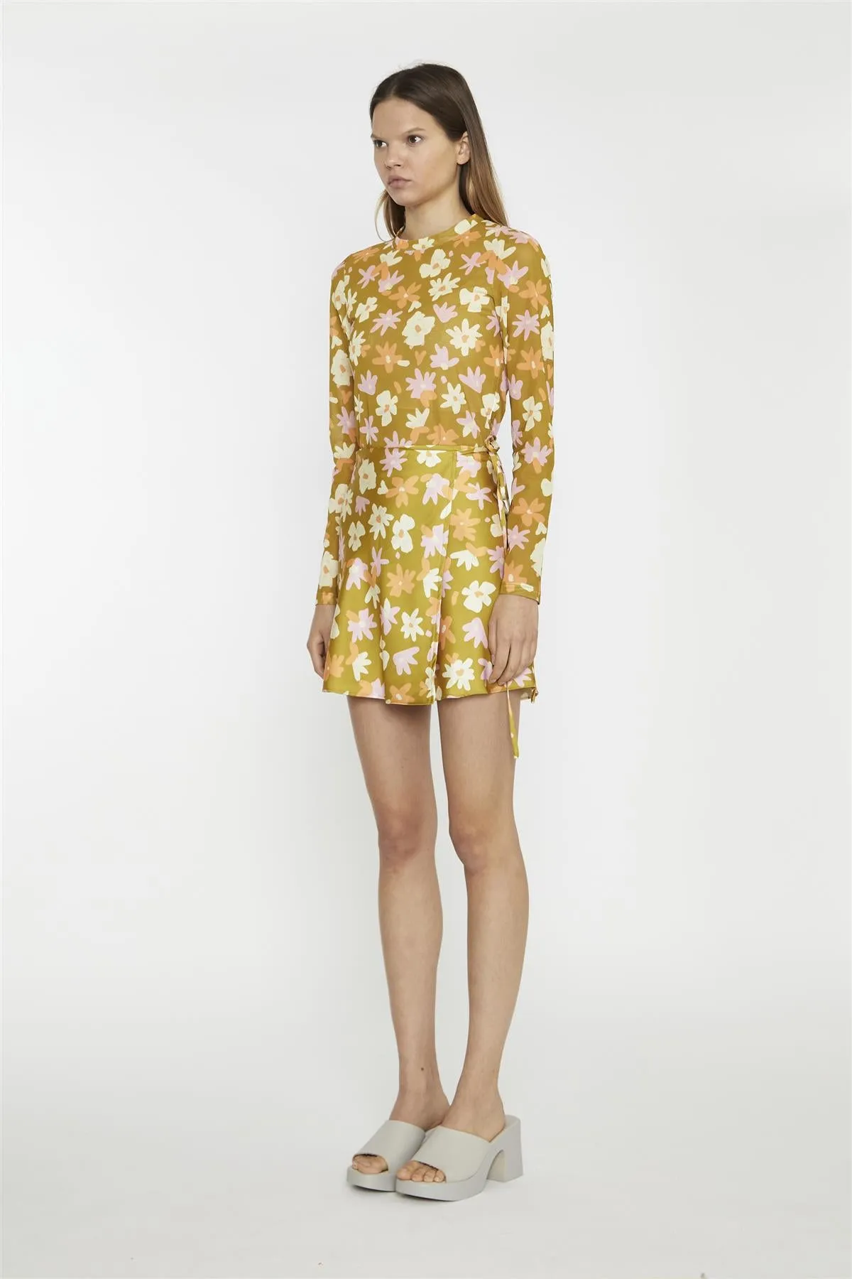 Olive Multi-Flower Wrap Mini-Skirt