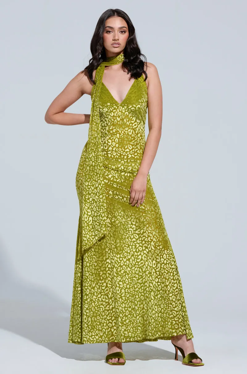 ON HOLIDAY LEOPARD PRINT VELVET MAXI DRESS WITH SCARF