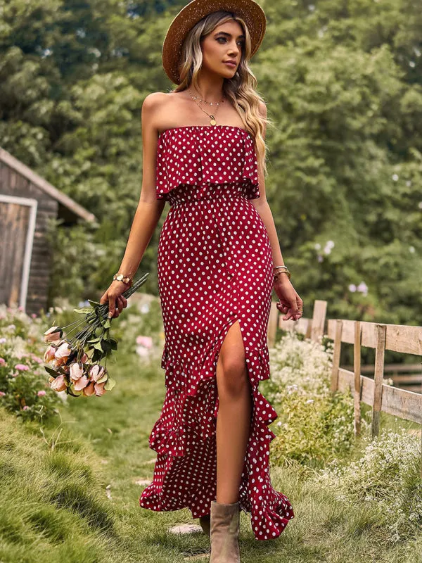 One-Shoulder Maxi Dress with Polka Dot Print and High Slit