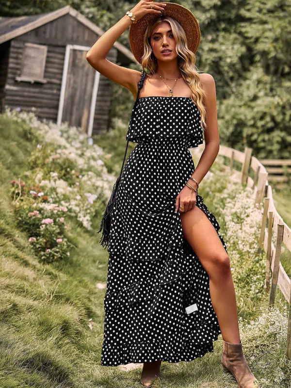 One-Shoulder Maxi Dress with Polka Dot Print and High Slit