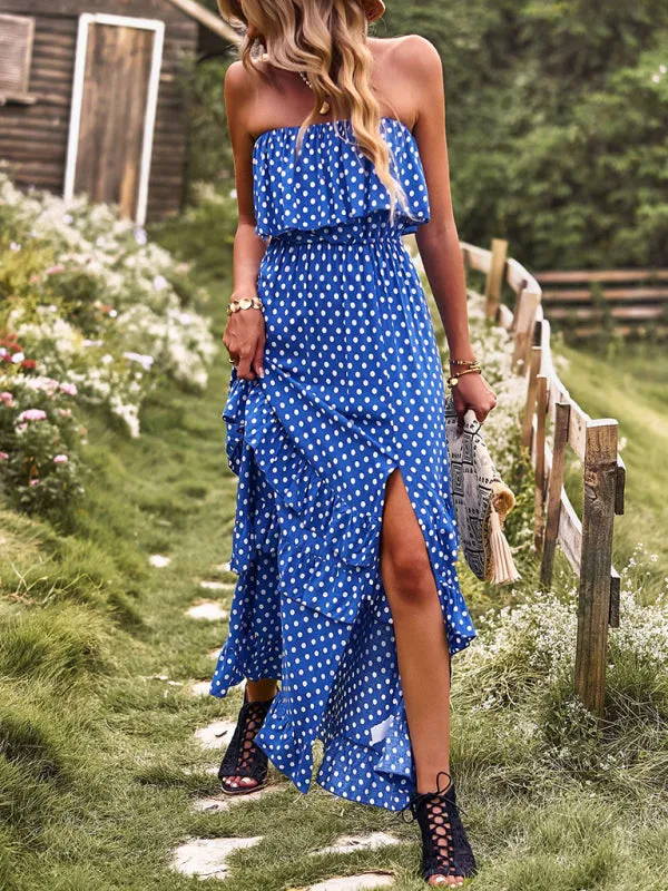 One-Shoulder Maxi Dress with Polka Dot Print and High Slit