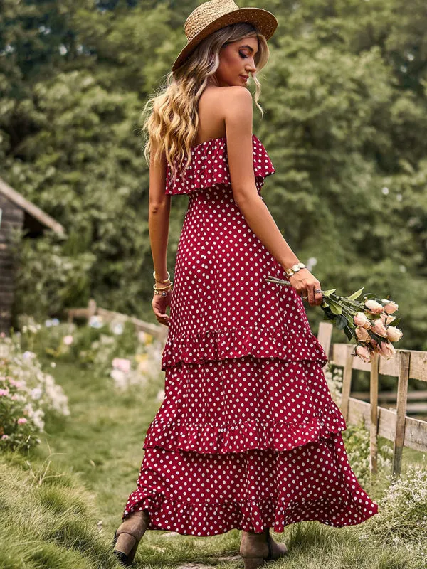 One-Shoulder Maxi Dress with Polka Dot Print and High Slit