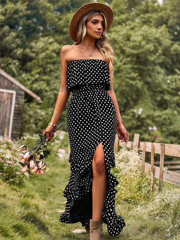 One-Shoulder Maxi Dress with Polka Dot Print and High Slit