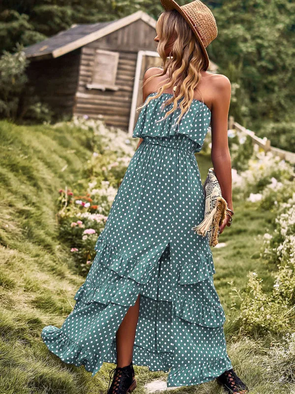 One-Shoulder Maxi Dress with Polka Dot Print and High Slit