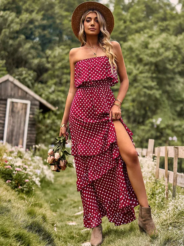 One-Shoulder Maxi Dress with Polka Dot Print and High Slit