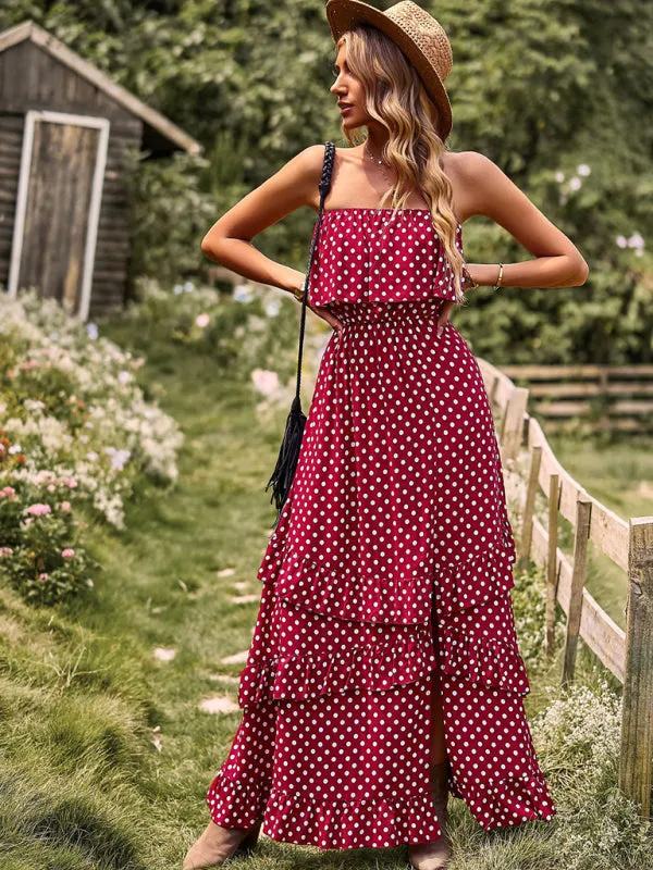 One-Shoulder Maxi Dress with Polka Dot Print and High Slit