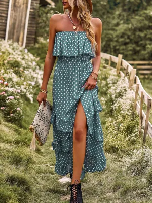 One-Shoulder Maxi Dress with Polka Dot Print and High Slit