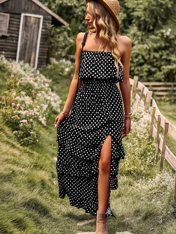One-Shoulder Maxi Dress with Polka Dot Print and High Slit