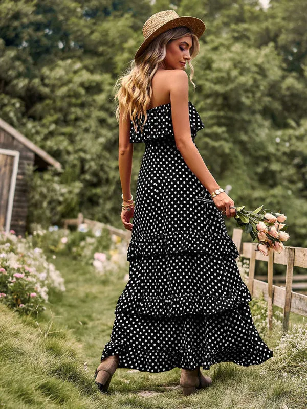 One-Shoulder Maxi Dress with Polka Dot Print and High Slit