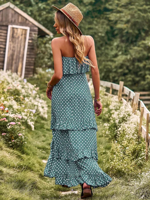 One-Shoulder Maxi Dress with Polka Dot Print and High Slit