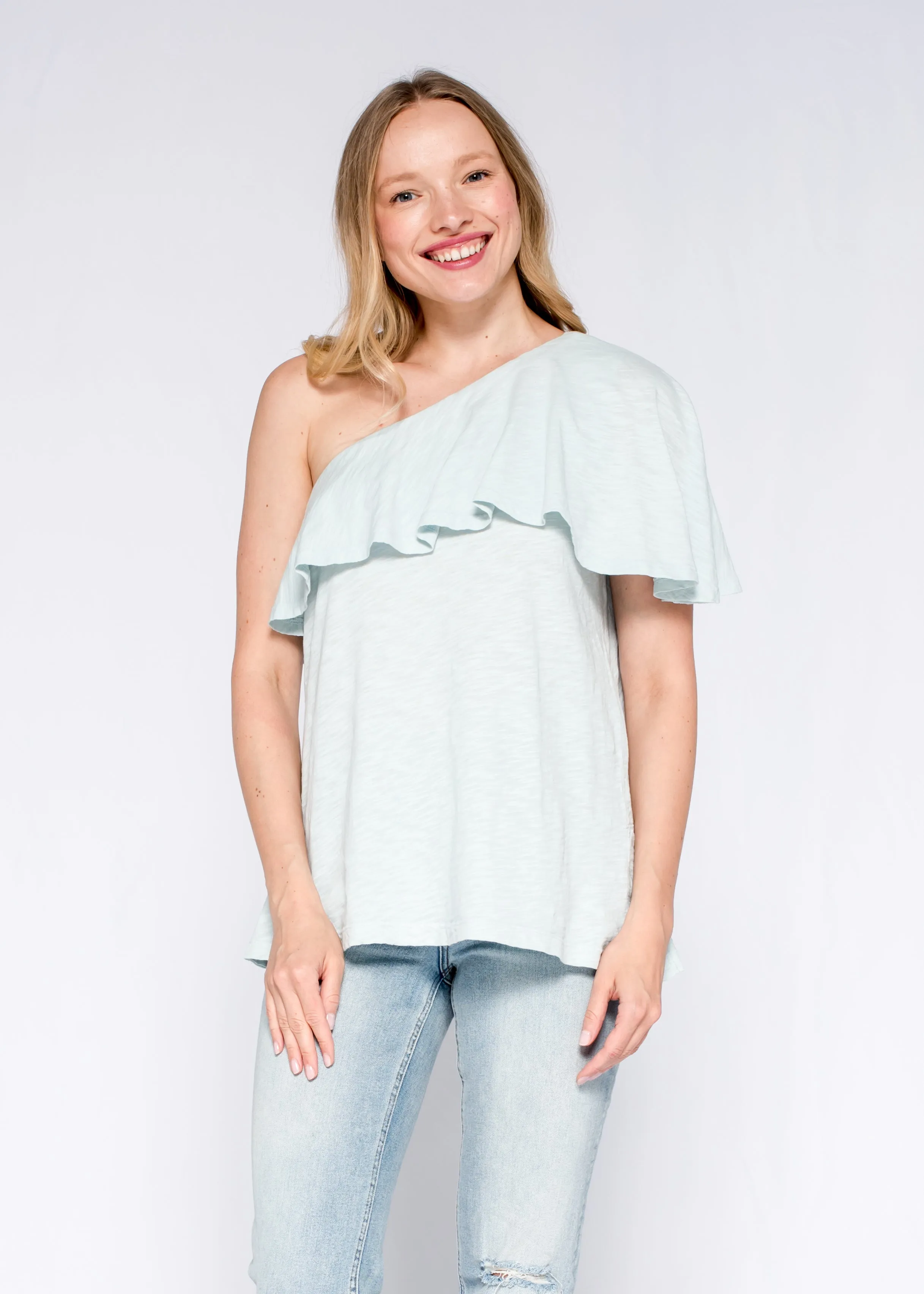 One Shoulder Ruffled Tunic Shifted Hem Top