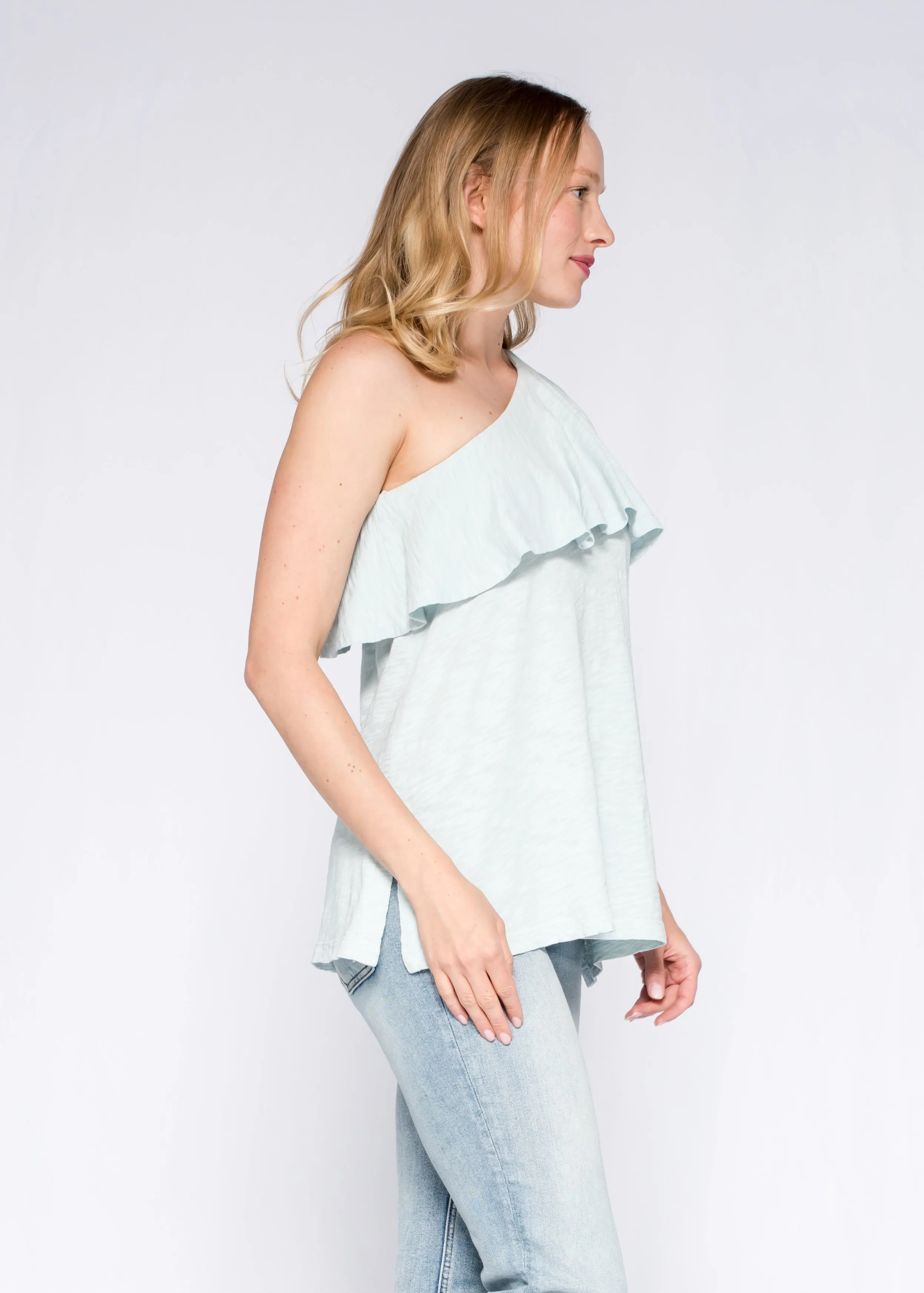 One Shoulder Ruffled Tunic Shifted Hem Top